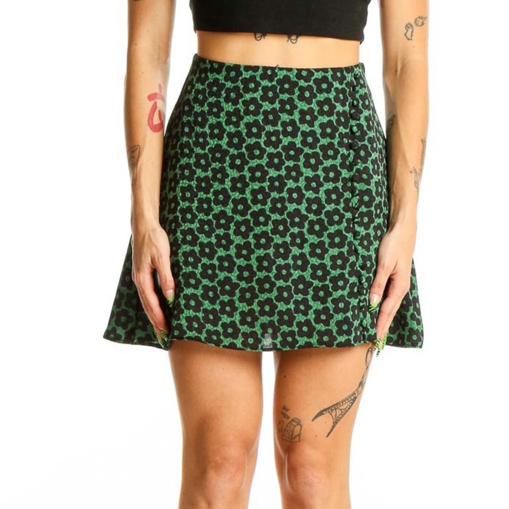 Urban Outfitters Floral Print Mini A-Line Skirt Green & Black Size Extra Small